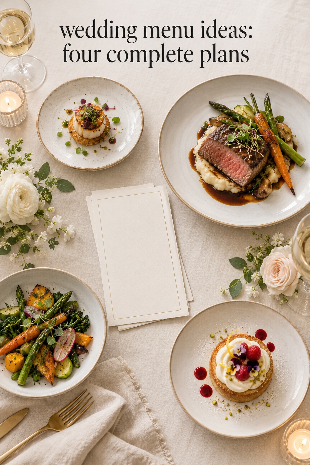 wedding menu ideas flat lay with appetizer, entrée, vegetables and dessert