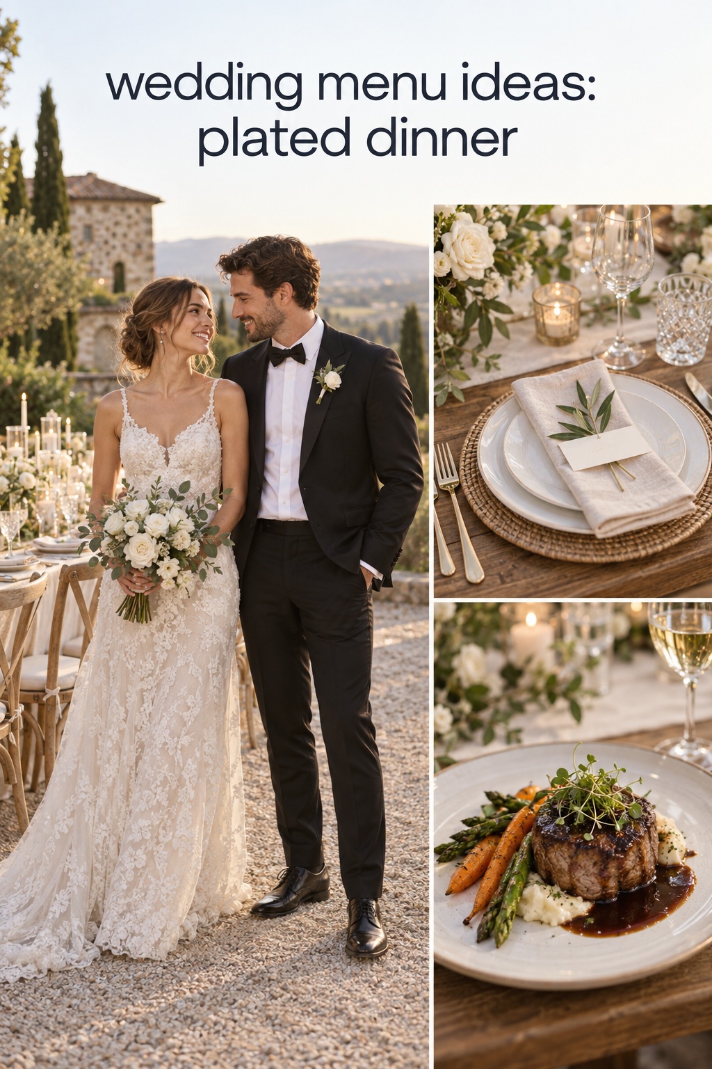 wedding menu ideas plated dinner with couple, place setting and entrée details