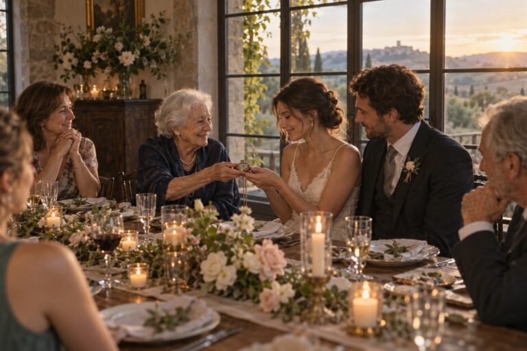 wedding picture ideas as a couple receives a family heirloom at dinner