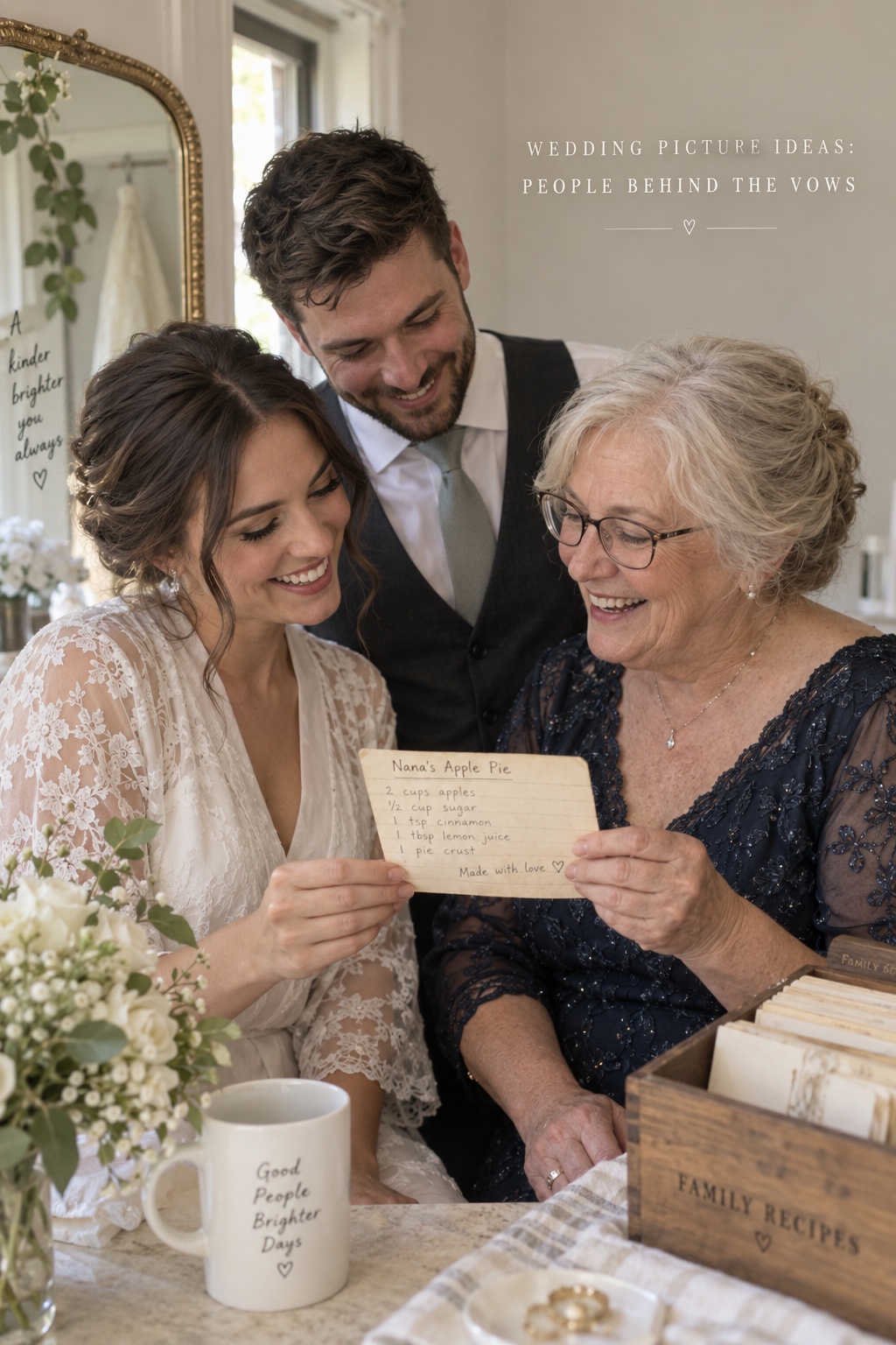 wedding picture ideas with a fictional candid couple sharing a family recipe with an older loved one