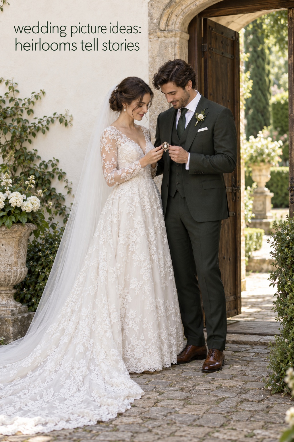 wedding picture ideas with a full-length couple examining an inherited brooch together