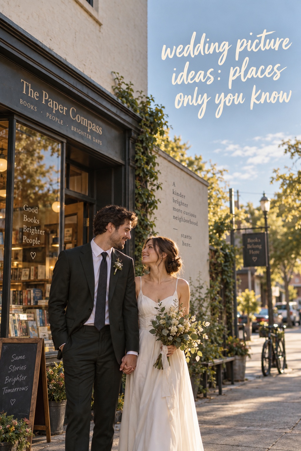 wedding picture ideas at a meaningful neighborhood bookshop where a couple first met