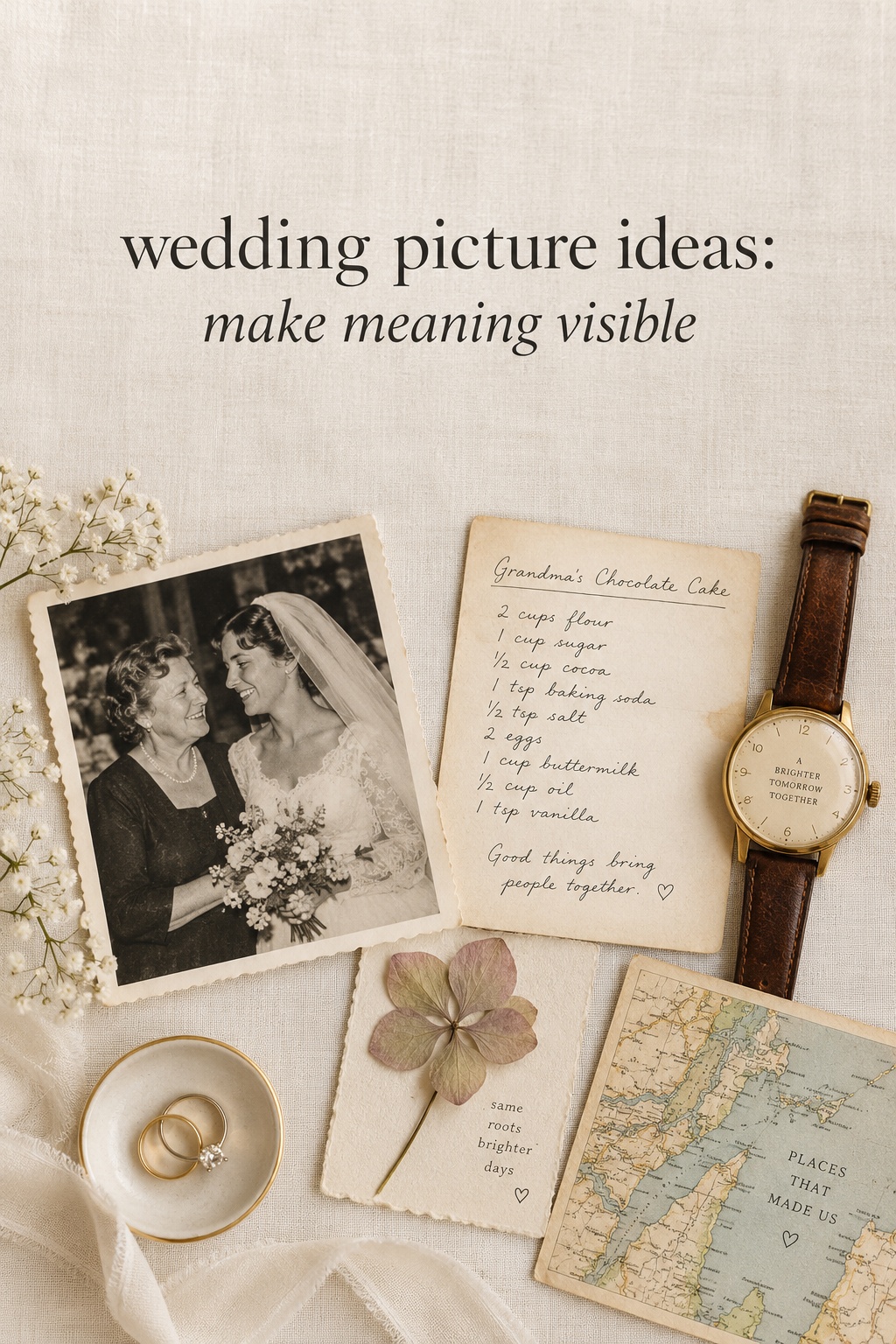 wedding picture ideas arranged as a story inventory of a family photo, recipe, watch and map