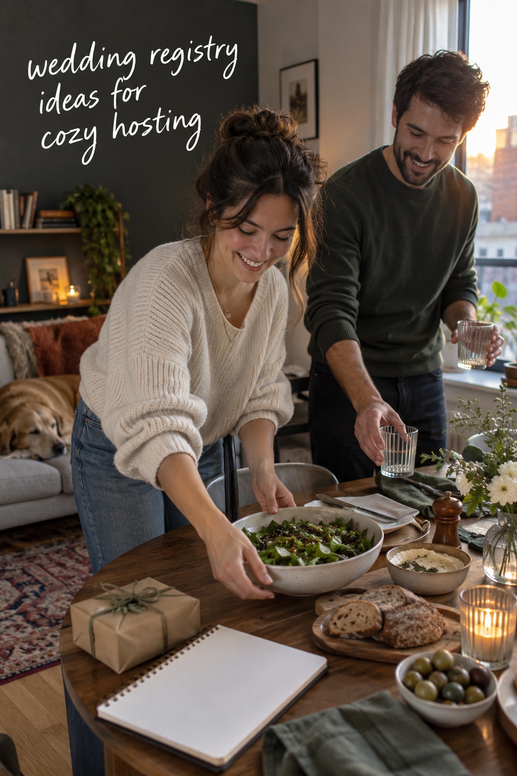 Wedding registry ideas in a candid fictional dinner setup with a couple hosting at home