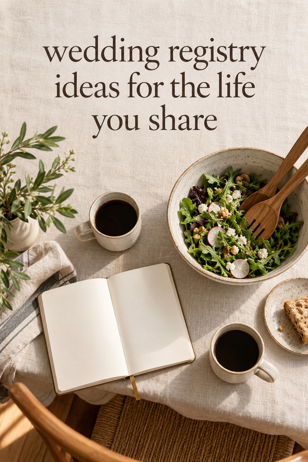 Wedding registry ideas flat lay with a blank planning notebook, coffee cups, and serving bowl
