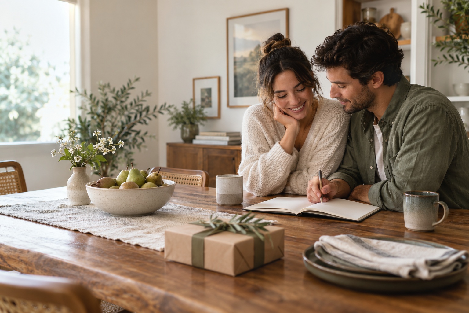 Wedding registry ideas as a couple reviews shared home gifts at a sunlit table