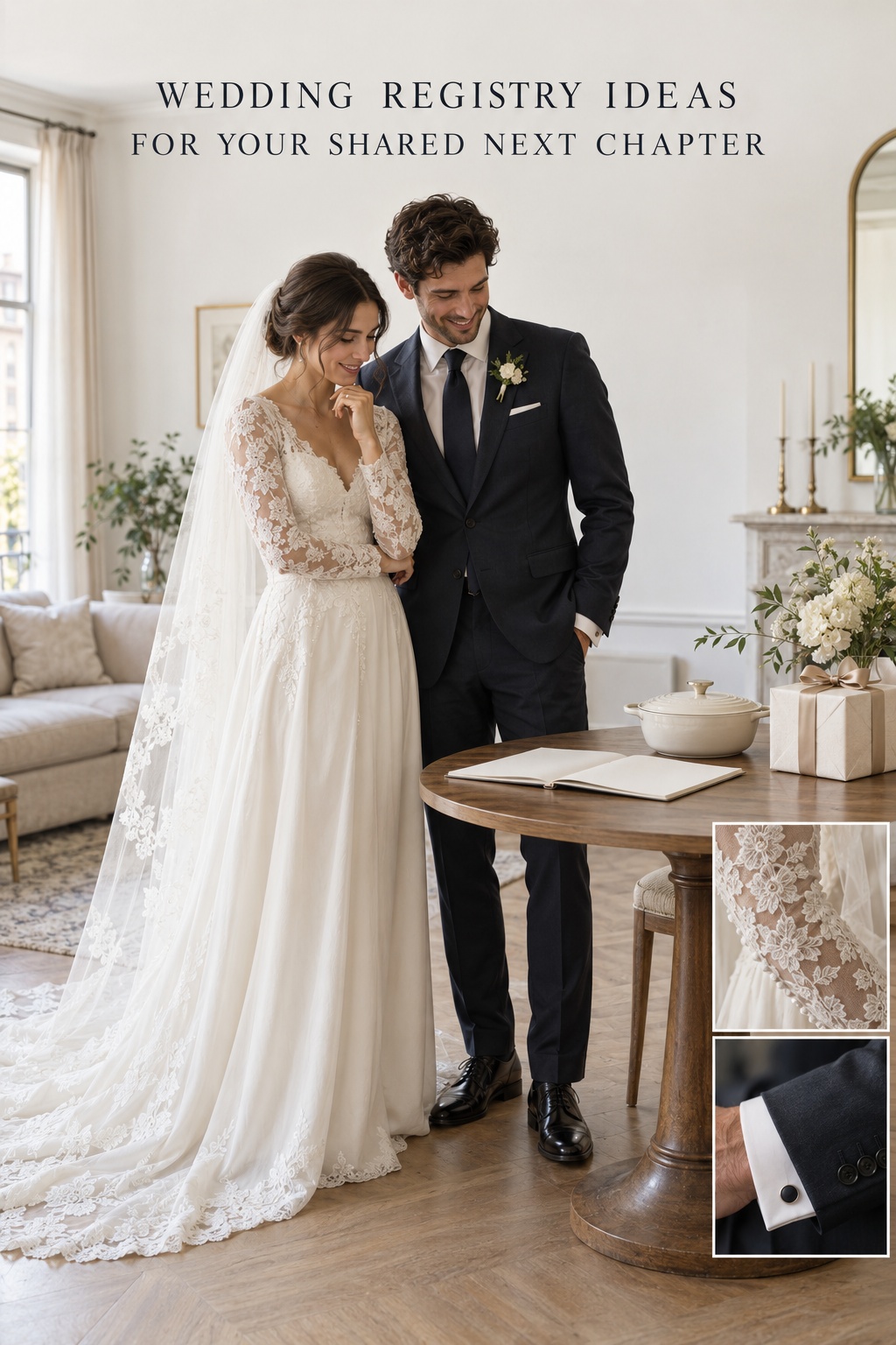 Wedding registry ideas beside a full wedding-day look with lace and suit details