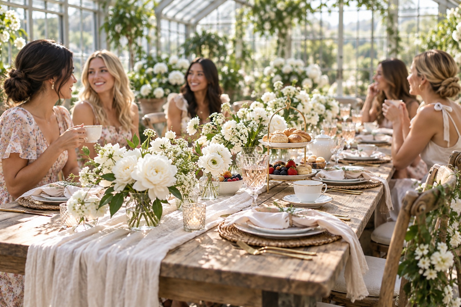 wedding shower ideas with friends sharing a greenhouse brunch