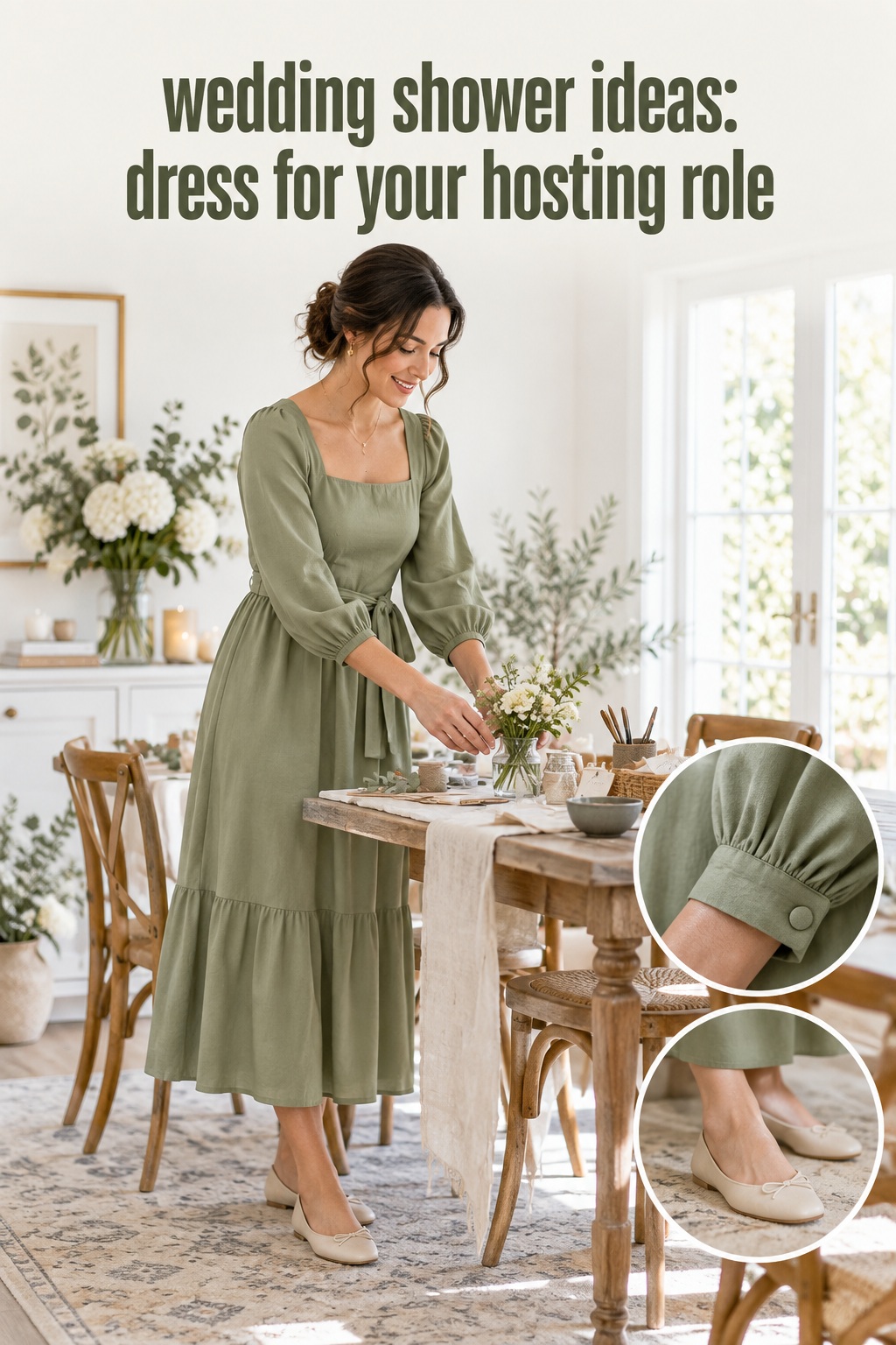 wedding shower ideas with a host in a sage midi dress setting up