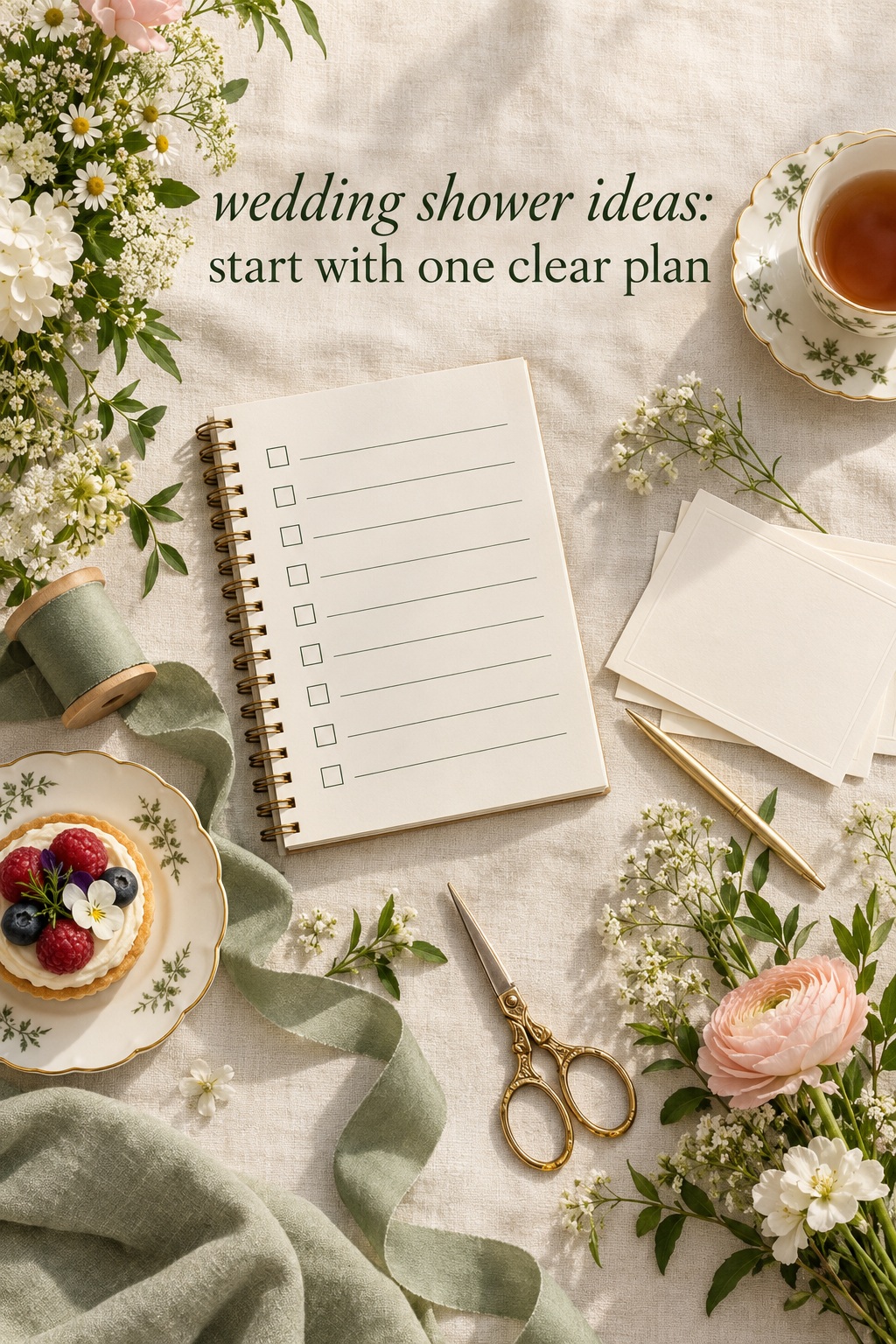 wedding shower ideas flat lay with a host checklist and flowers