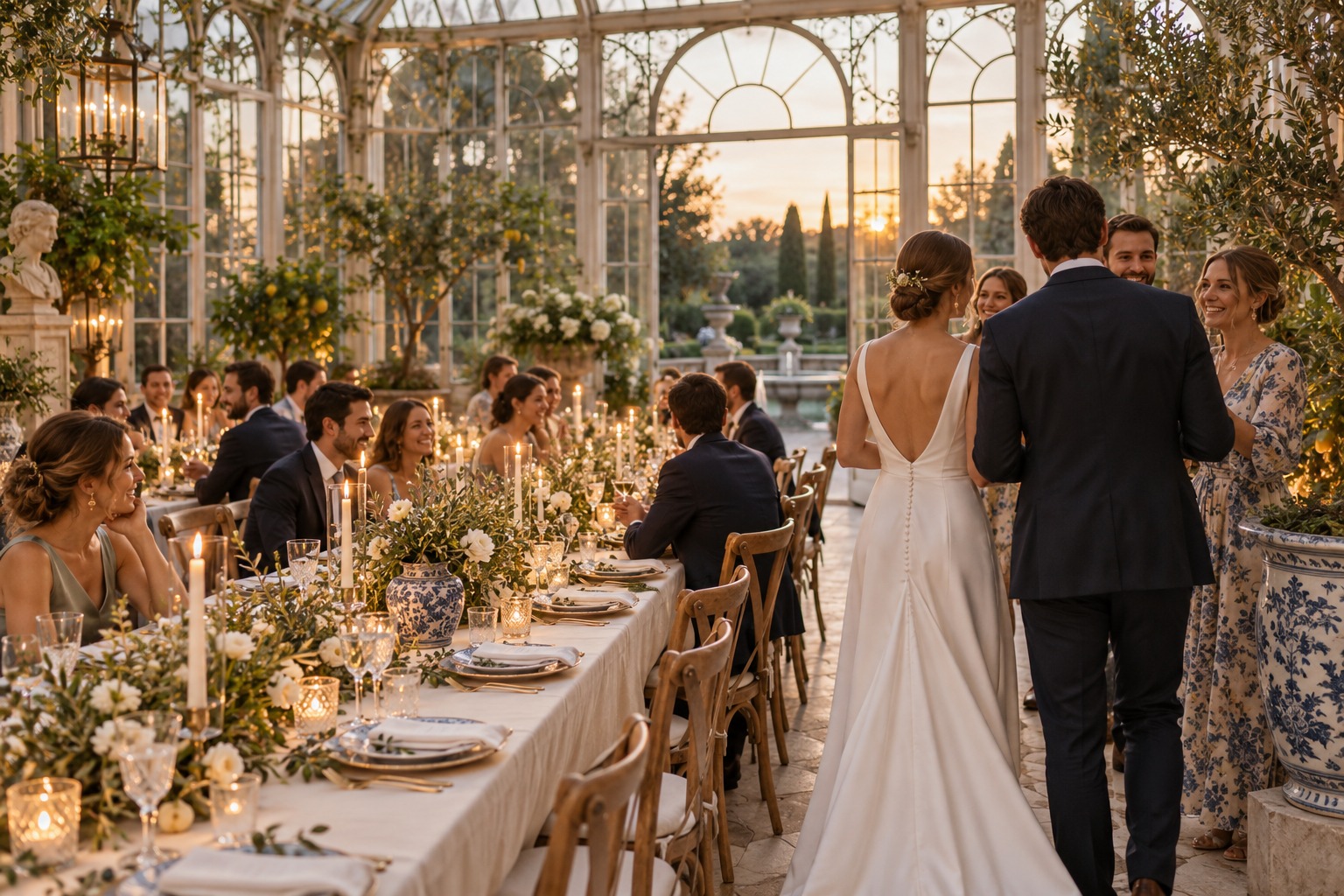 wedding theme ideas in a conservatory reception with olive greenery and blue accents