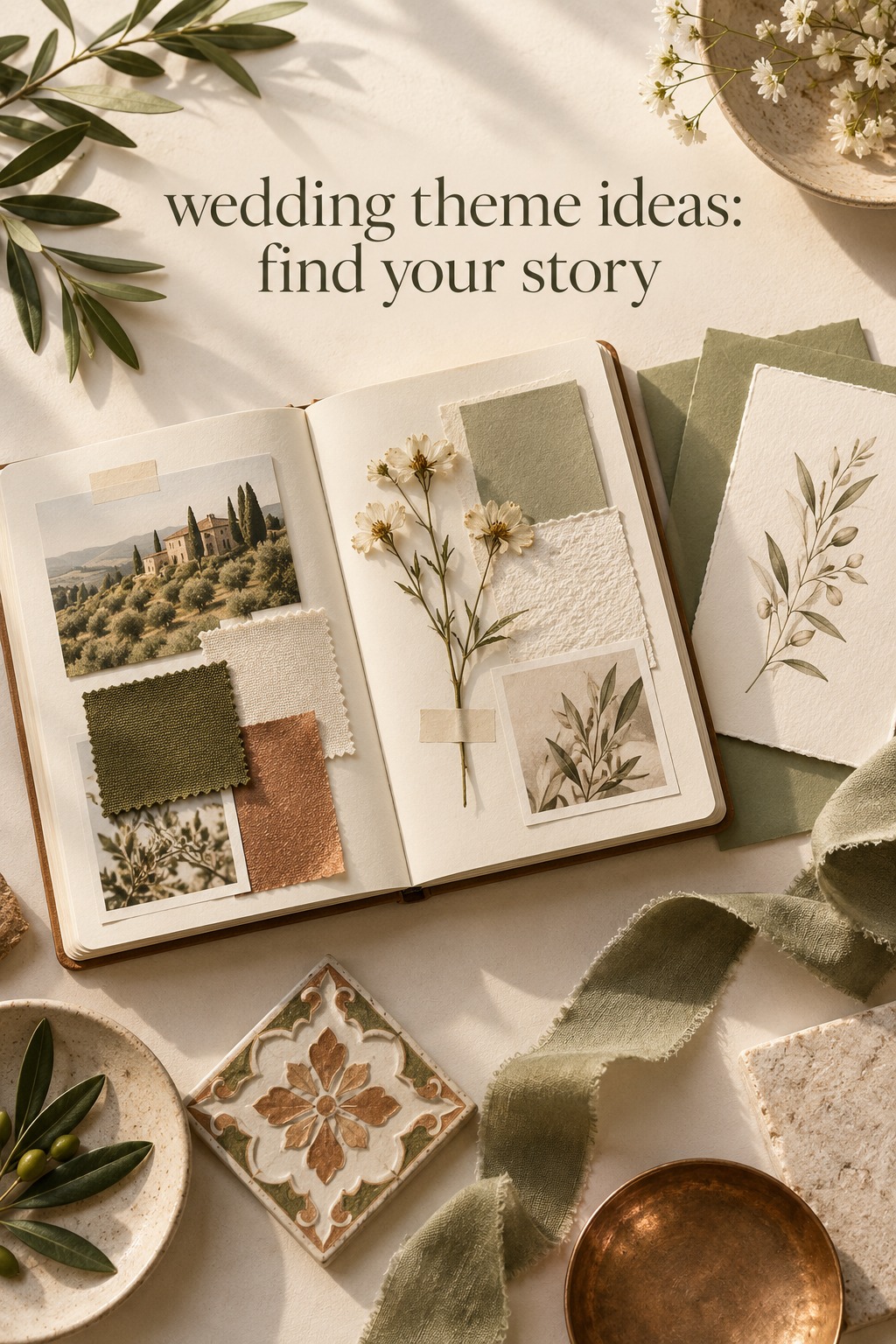 wedding theme ideas mood board with olive, cream, copper swatches and florals