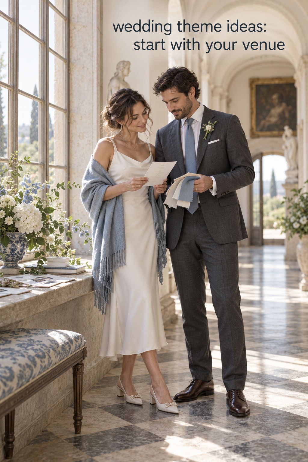 wedding theme ideas with a couple comparing colors inside a bright historic venue