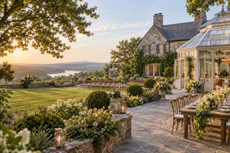 wedding venue ideas in a historic estate courtyard with garden and glass conservatory