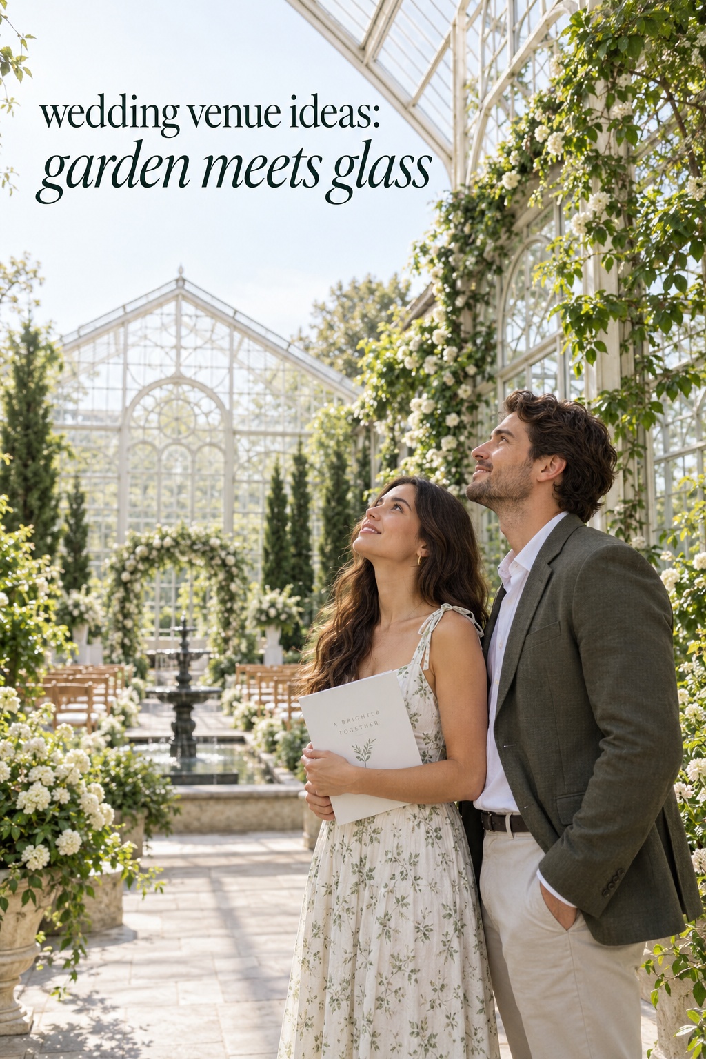 wedding venue ideas in a bright greenhouse with a couple touring the garden
