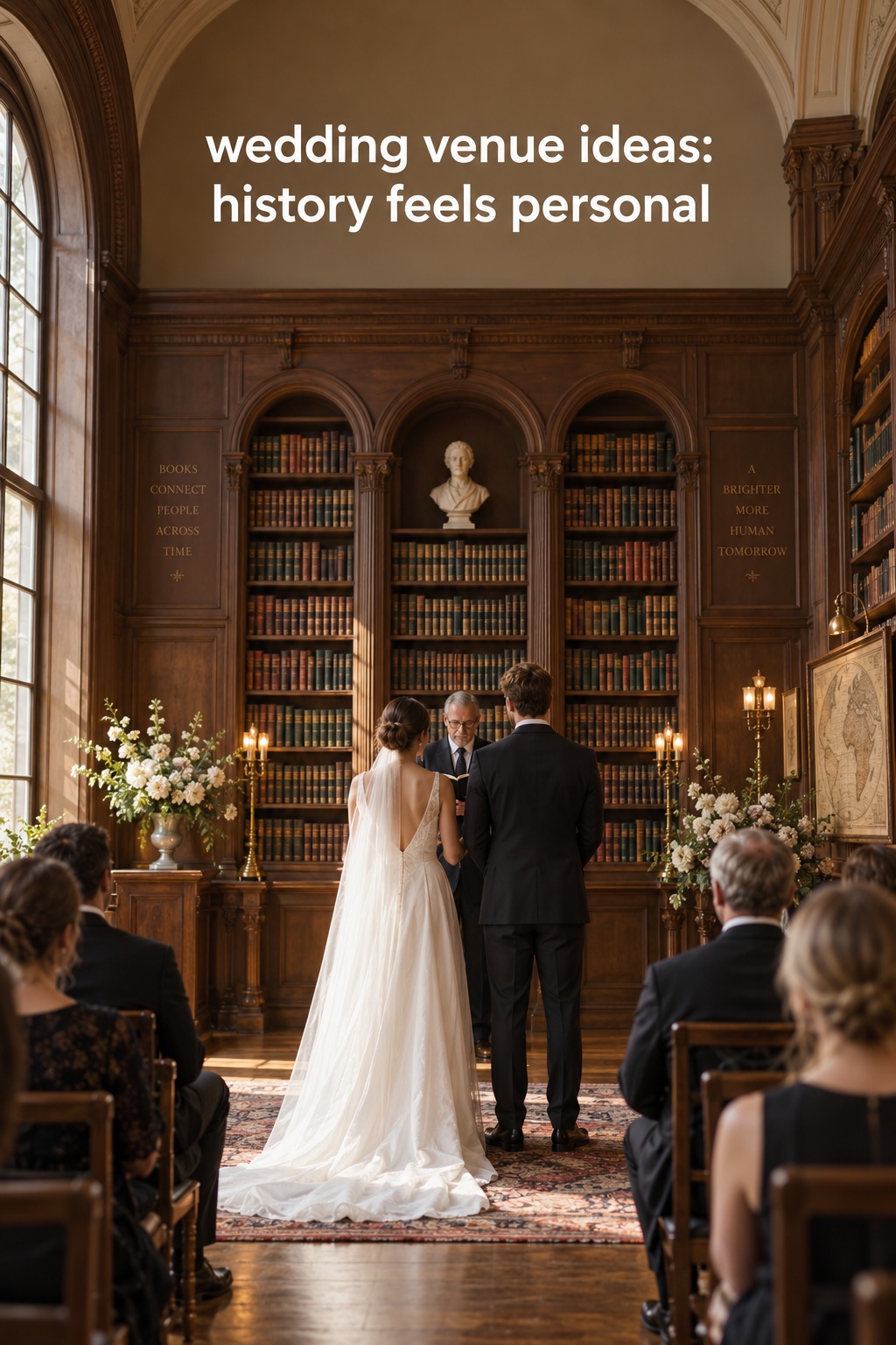 wedding venue ideas in a historic library ceremony with warm wood shelves