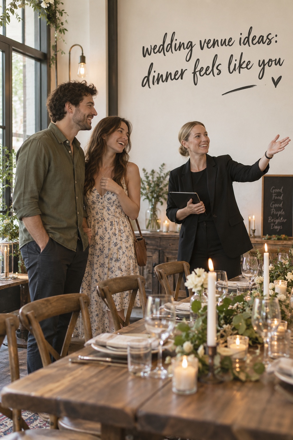 wedding venue ideas during a candid restaurant tour with a couple and coordinator