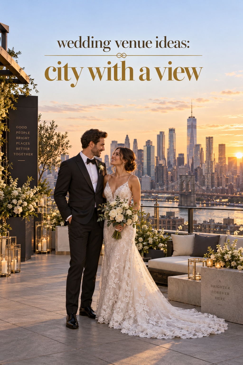 wedding venue ideas on a rooftop with skyline and full wedding outfits