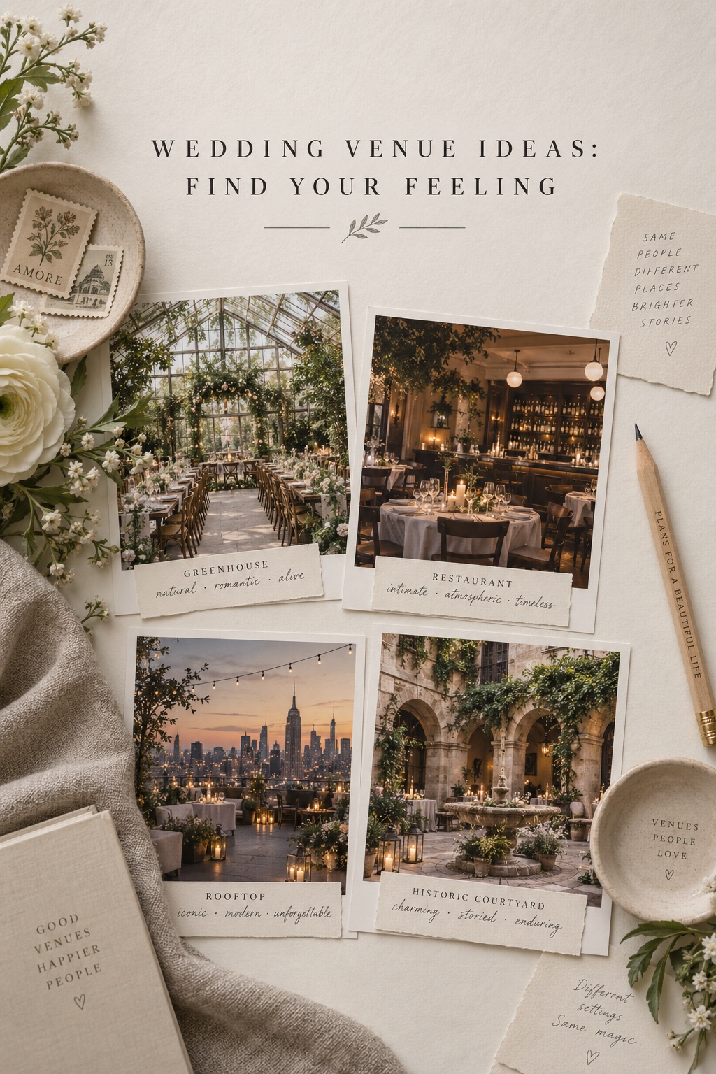 wedding venue ideas moodboard with garden restaurant rooftop and courtyard photos